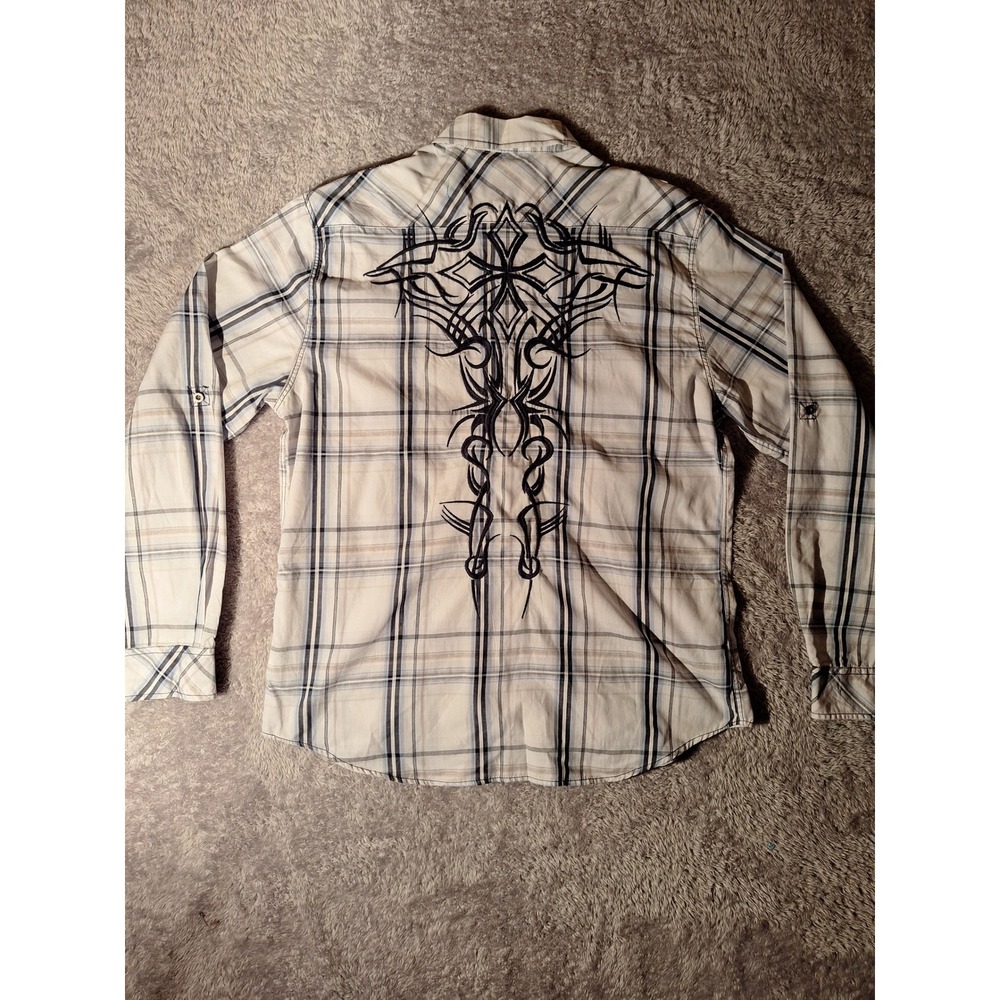 Machine XL Plaid Western, Cowboy Shirt Tribal Embroidery Long Sleeve Menswear